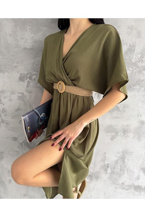 BÜRÜMCÜK KRUVAZE HASIR KEMER DAHİL ELBİSE 