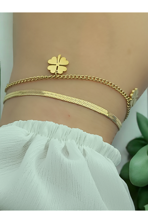 Çelik Ultra Lüks Kendınden Kombınlı 2 Li Bileklik 3 Yaprak Yonca Charmlı Bileklik